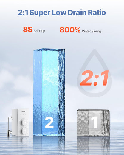 VEVOR Sistema de ósmosis inversa 8 etapas sin tanque 600 GPD, filtro de agua con grifo de pantalla inteligente, 2:1 puro a drenaje, compacto