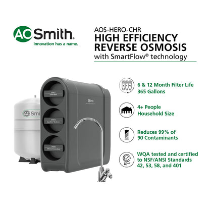 AO Smith Sistema de ósmosis inversa alta eficiencia SmartFlow™, RO bajo fregadero con grifo y tanque compacto, filtra cloro y contaminantes