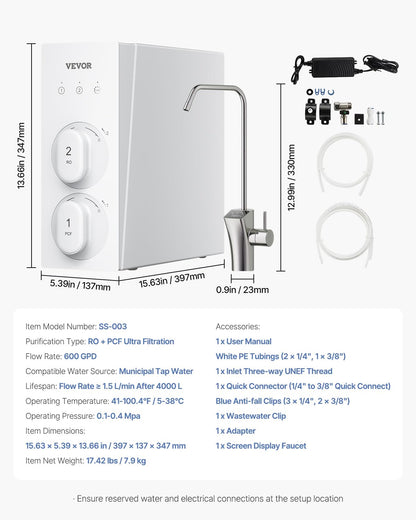 VEVOR Sistema de ósmosis inversa 8 etapas sin tanque 600 GPD, filtro de agua con grifo de pantalla inteligente, 2:1 puro a drenaje, compacto