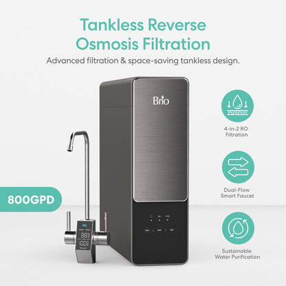 Brio Aquus Sistema de filtración de agua sin tanque de ósmosis inversa con grifo inteligente, 800 galones por día, 2:1 puro para drenar