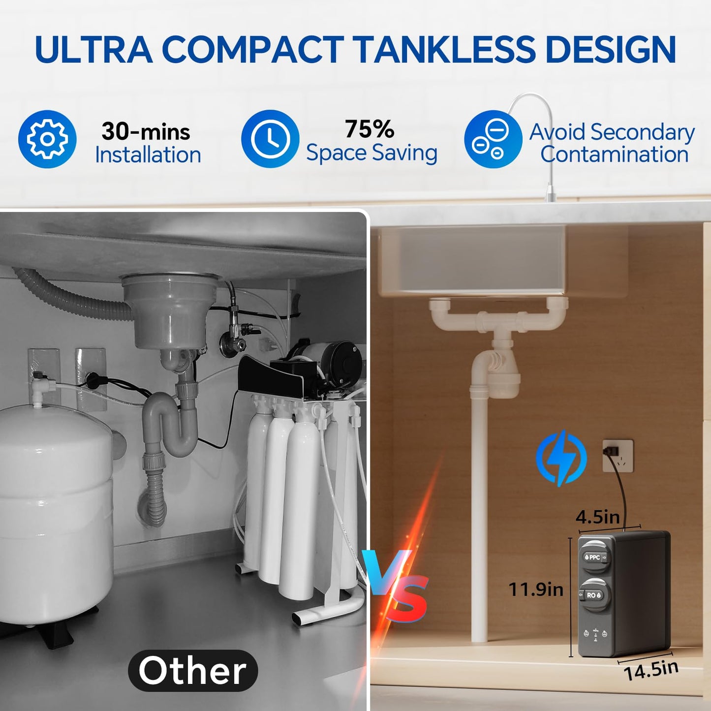Stokk S1 Pro Sistema de ósmosis inversa 8 etapas sin tanque 600 GPD, filtro de agua RO bajo fregadero, reduce PFAS y TDS, 2:1 puro a drenaje, gris