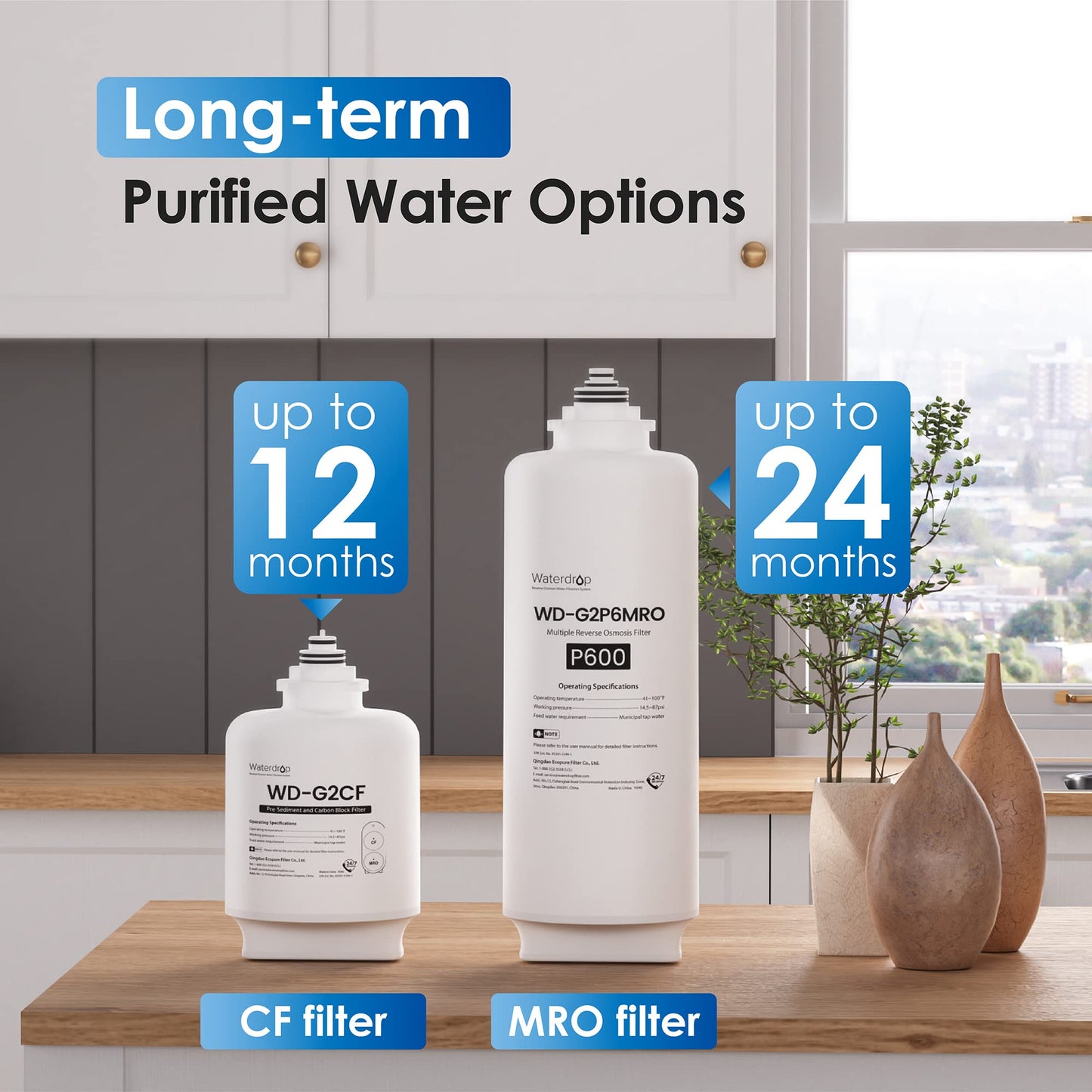 Waterdrop RO Sistema de Filtración de Agua por Ósmosis Inversa, 2271 Litros, 2:1 Puro a Drenaje, sin Tanque, Sistema de 7 Etapas, Listado la FCC, WD-G2P600-W