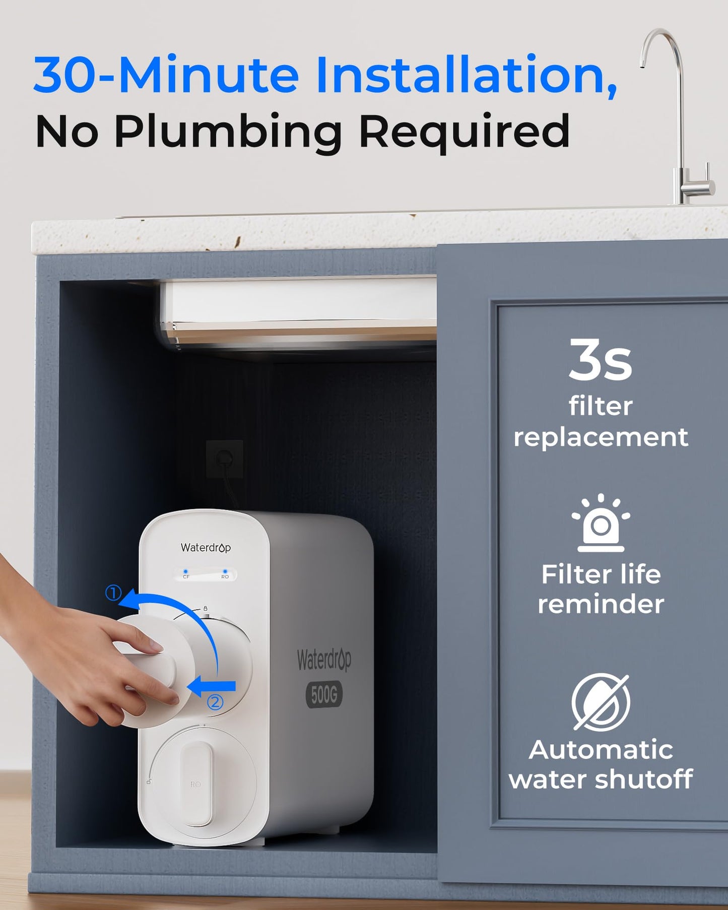 Waterdrop G5P500 Sistema de ósmosis inversa 500G, 7 etapas, certificado NSF/ANSI 372, 2:1 puro a drenaje, reduce TDS, filtro de agua sin BPA