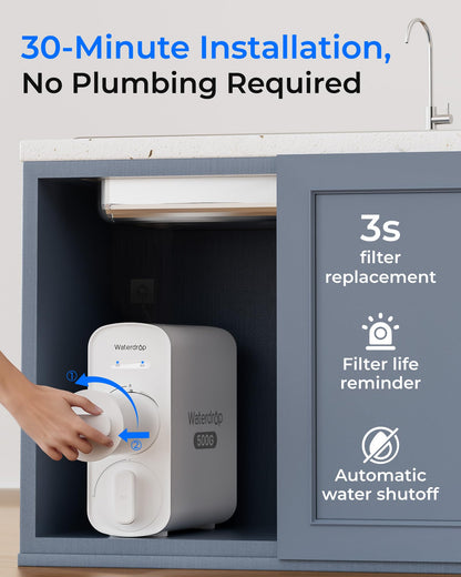 Waterdrop G5P500 Sistema de ósmosis inversa 500G, 7 etapas, certificado NSF/ANSI 372, 2:1 puro a drenaje, reduce TDS, filtro de agua sin BPA