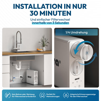 Giulia-L GT600 Sistema de ósmosis inversa con grifo 3 vías de acero inoxidable sin taladrar, 8 etapas, cambio de filtro en 3s, agua pura